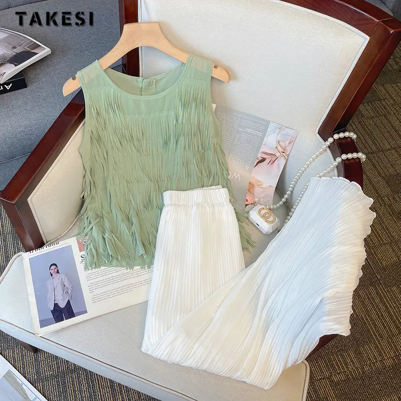 

Korean Fashion Casual Elegant Two-piece Set Women Summer Loose Sleeveless Vest Top +Drawstring Trousers Sets Pleated Pants Suits