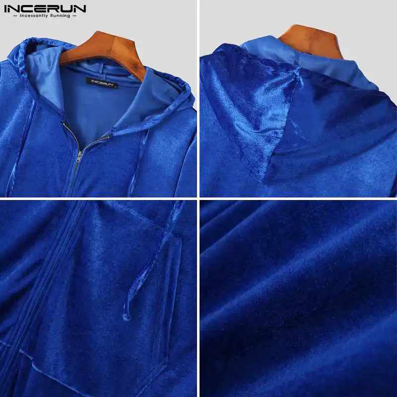 Fashion Casual Style Tops INCERUN Men's Fashion Solid Hooded Homewear Rompers Stylish Male Long Sleeve Drawstring Jumpsuit S-5XL