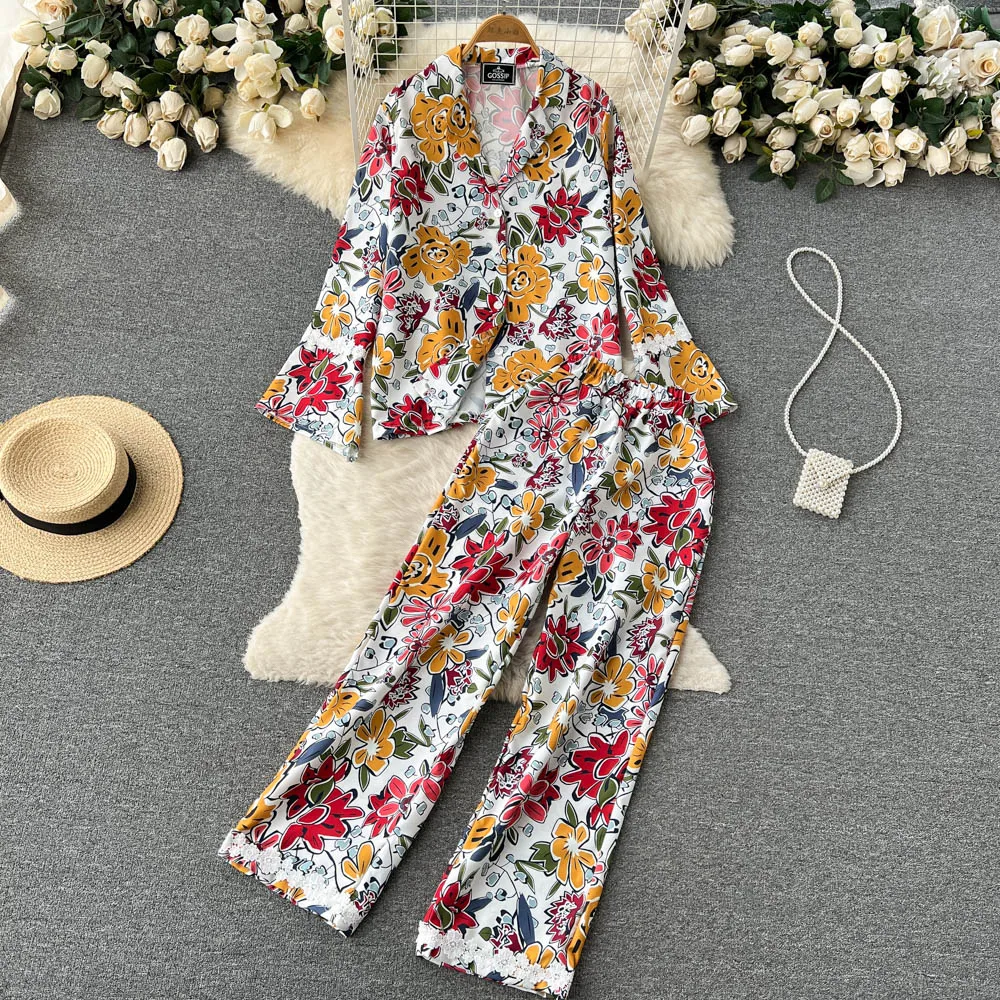 

Europe and the United States Printed Lapel Flared Sleeve Shirt Plus High-waisted Wide-legged Pants Fashionable Two-piece Woman