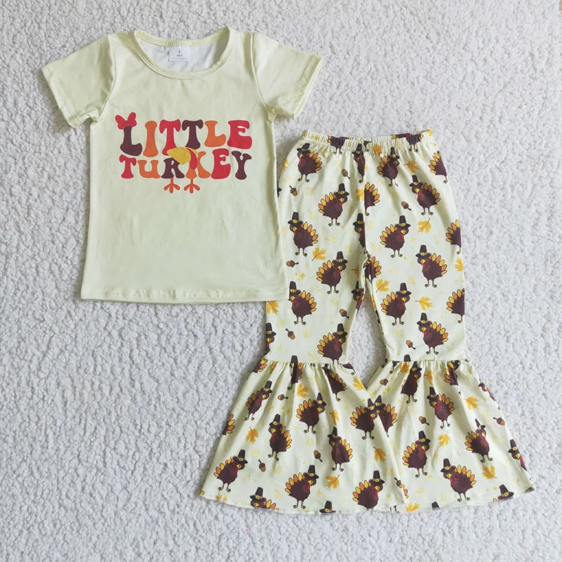 

Thanksgiving little turkey short sleeves shirt with bell bottom pants two piece outfits boutique kids clothing set