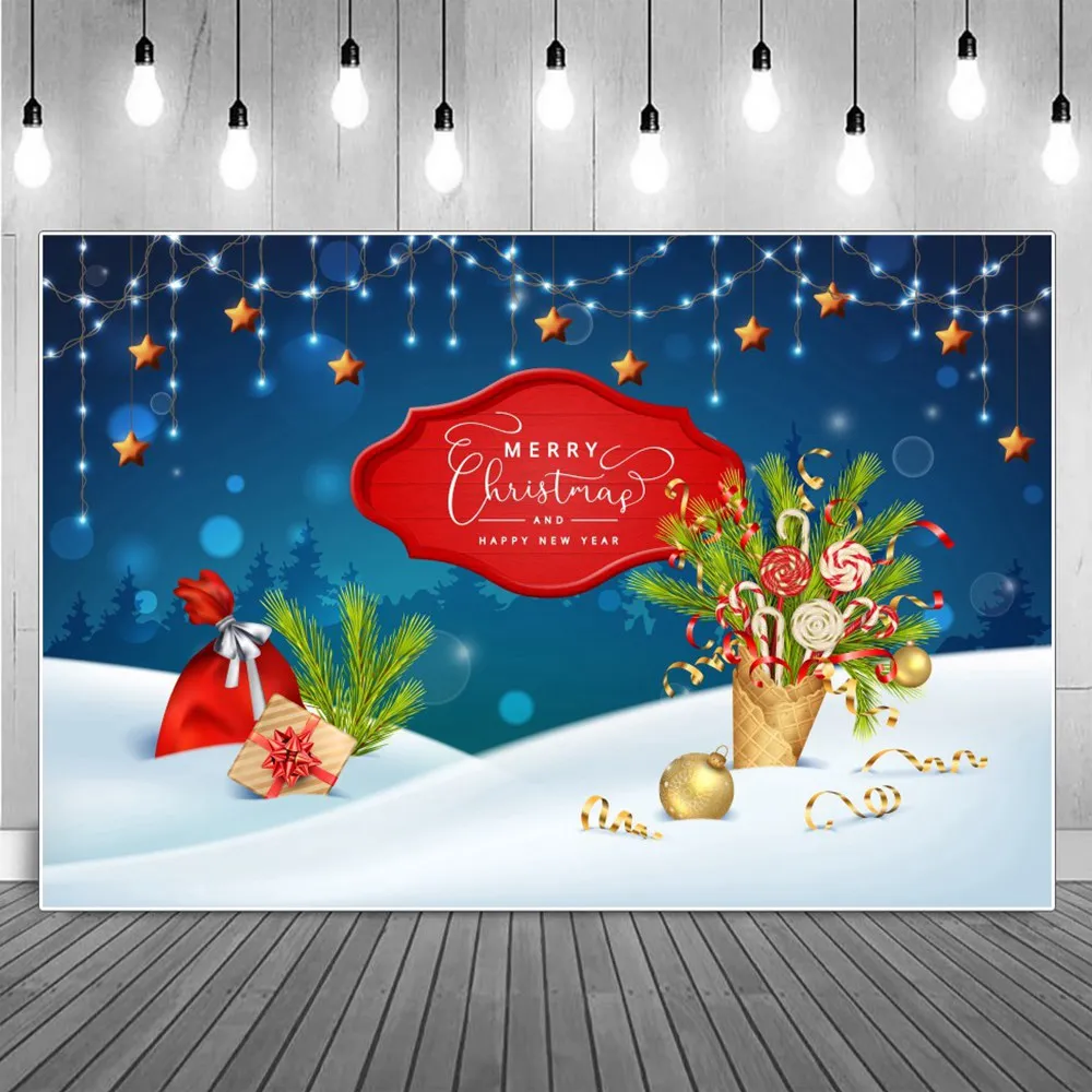 

Merry Christmas And Happy New Year Banner Photography Backdrop Poster Boxes Bags Flowers Star Lights Decoration Photo Background
