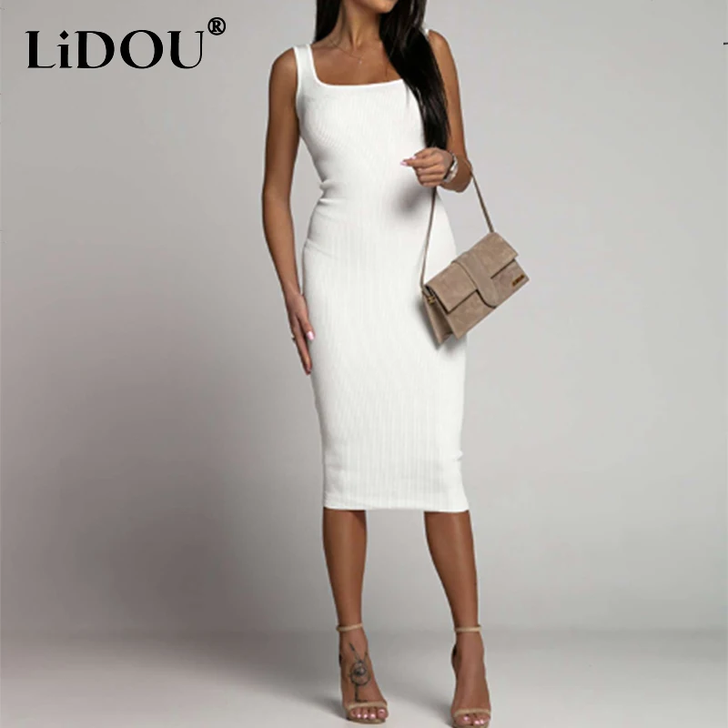 

Summer 2022 Sexy Solid Square Collar Slim Waist Tank Midi Dress Ladies Elegant Vintage Temperament Party Bottomed Slip Dresses