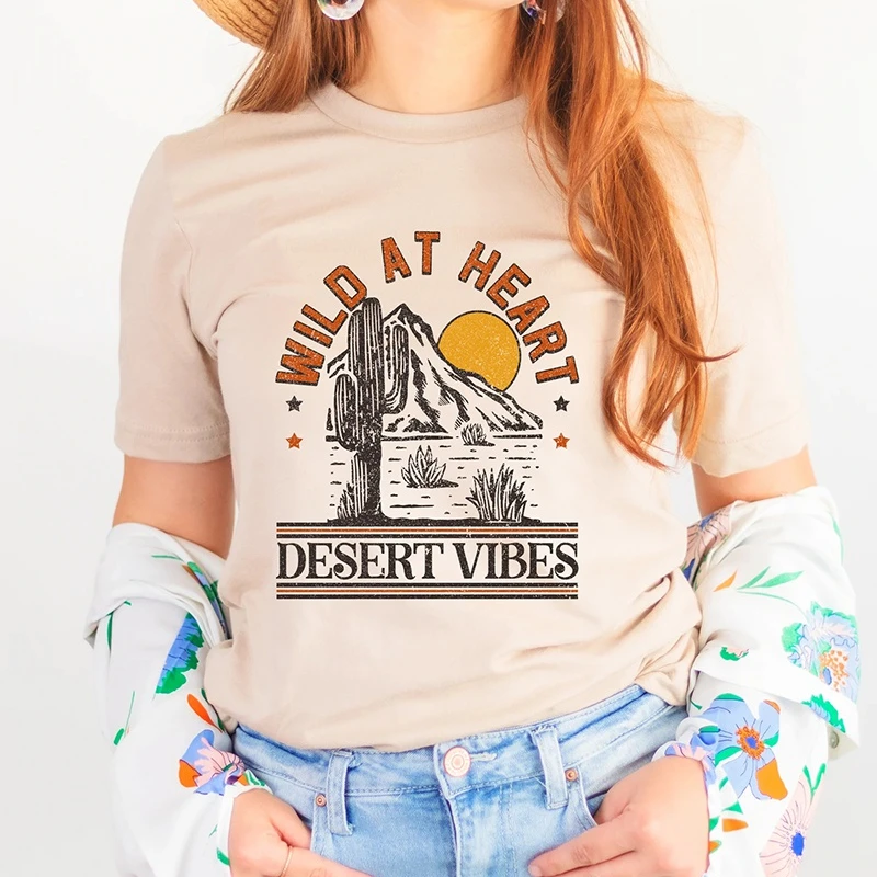 

kuakuayu HJN Wild At Heart Desert Vibes Graphic Tee Retro Western Vintage Boho Style Cowgirl Outdoor Travel Aesthetic Women Tops