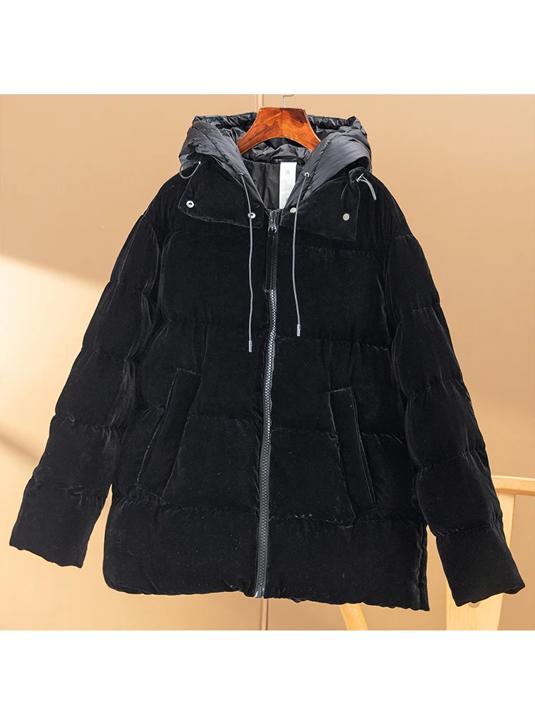High Quality Velvet  Women Jacket  90%  White Duck Down  Casual  Winter  Zipper  Wide-waisted  Pockets  Puffer Jacket Women