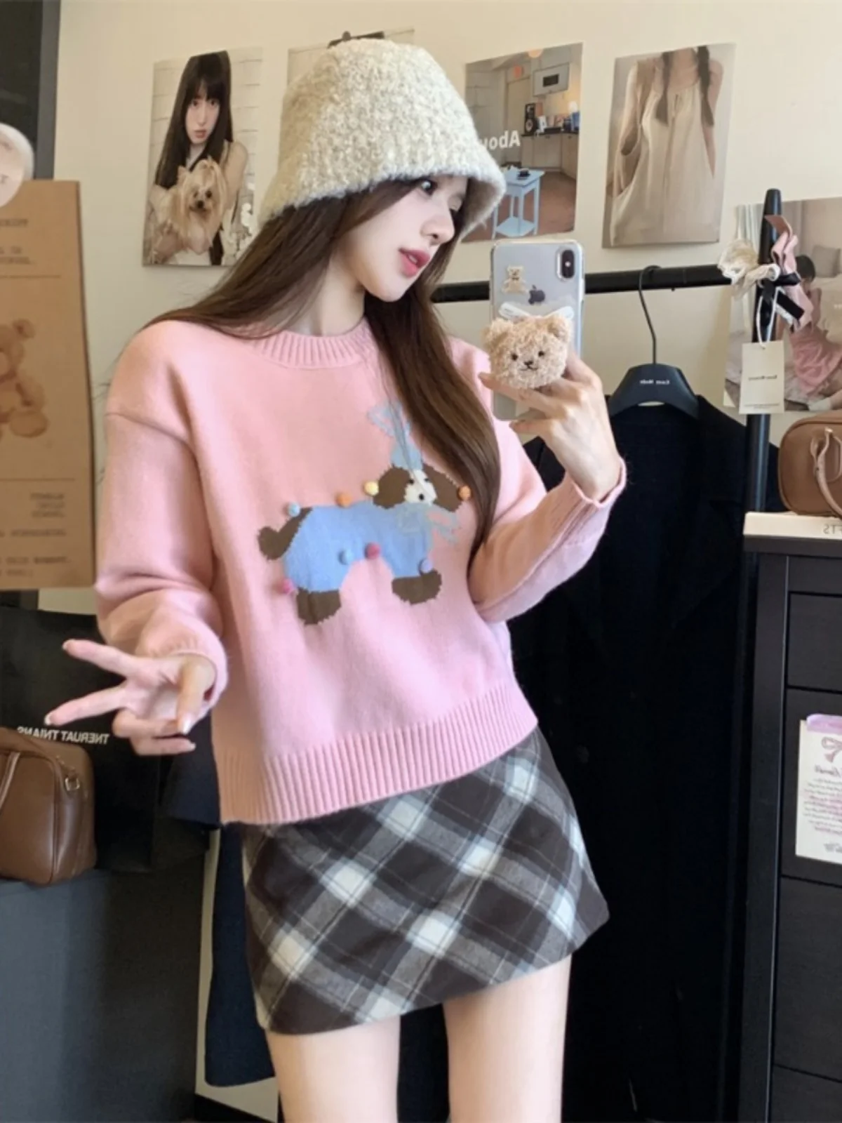 Gaganight Женский жаккардовый свитер с разноцветными шариками и собаками Осенний