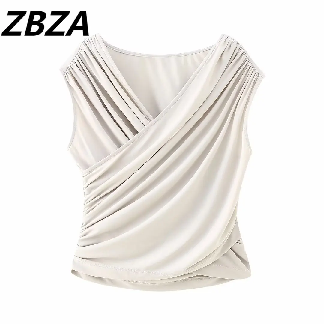 

Новинка 2023, модные женские укороченные майки ZBZA со складками, винтажные женские топы без рукавов с V-образным вырезом, шикарные топы