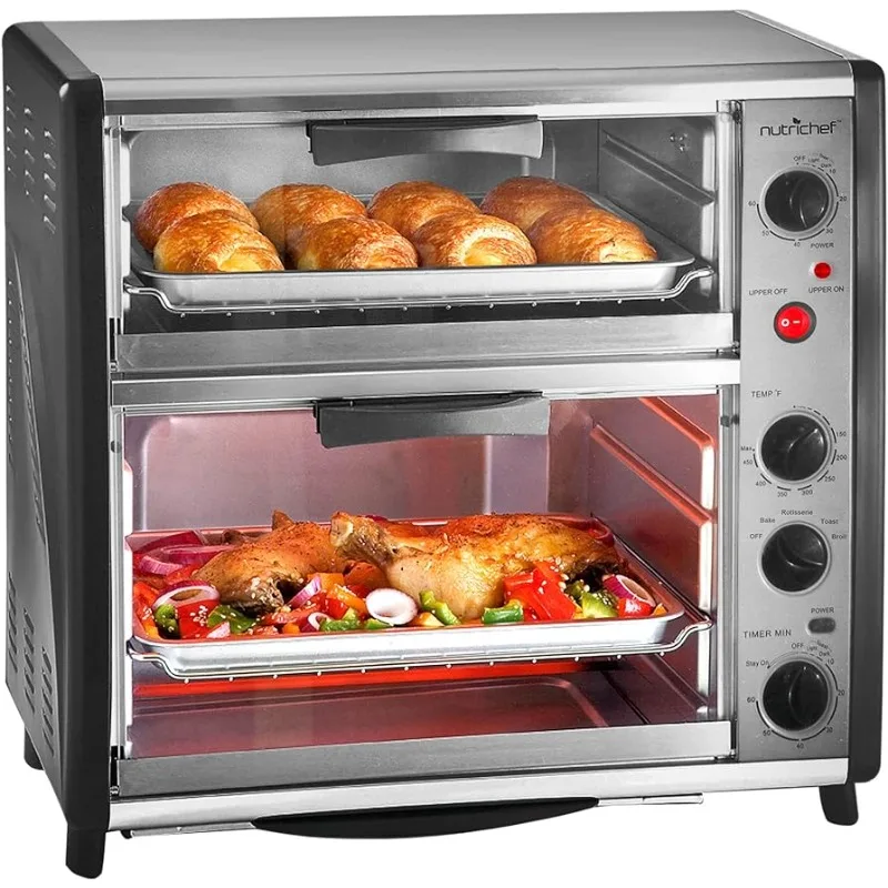 

Dual Oven Cooker, Toaster, Broiler Roast And Rotisserie Convection Cooking Ready, Large 42 QT Capacity Dual Tier Oven