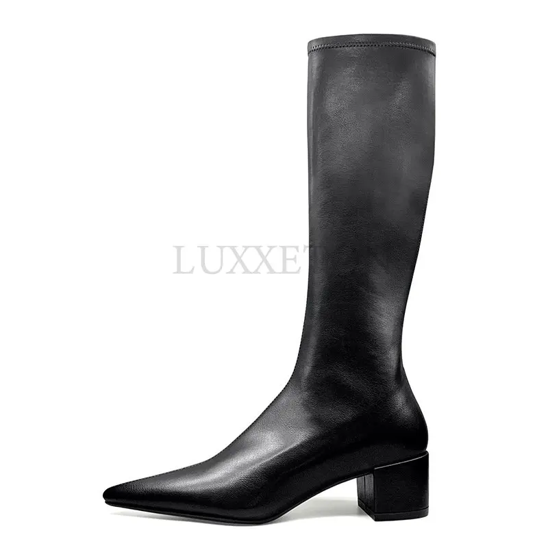 

Thigh High Boots Women PU Leather Knee High Boots Side Zipper Chunky Heel Shoes White Pointed Toe Long Boots Winter Autumn