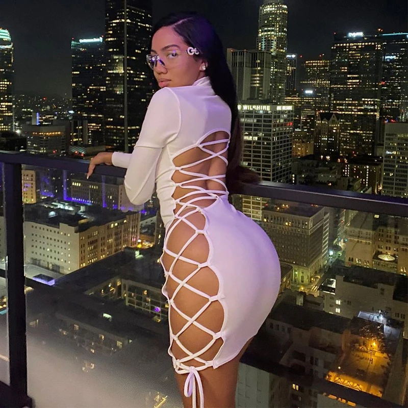 

Party Club Package Hip Mini Short Dress 2021 Long Sleeve Solid Cut Out Bangage Backless Sexy Autumn Winter Women Fashion Outfits