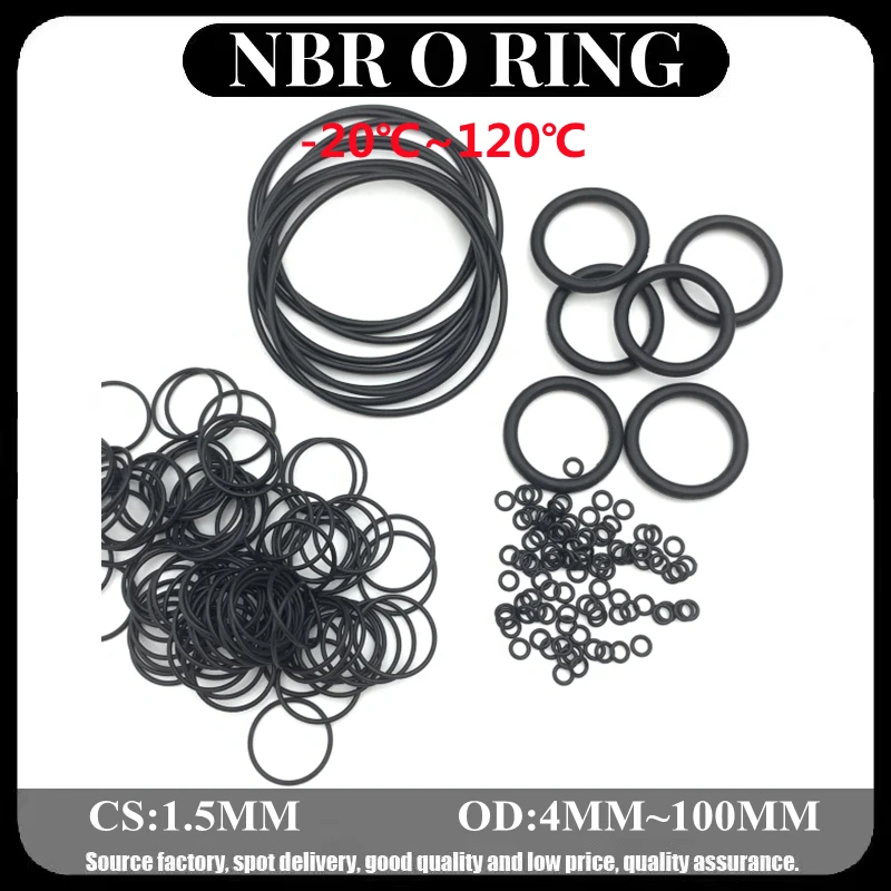 

100pcs Black NBR O Ring Oil Seal Gasket Thickness 1.5mm OD 4~100mm Automobile Nitrile Rubber Round Shape Corrosion Resist Washer
