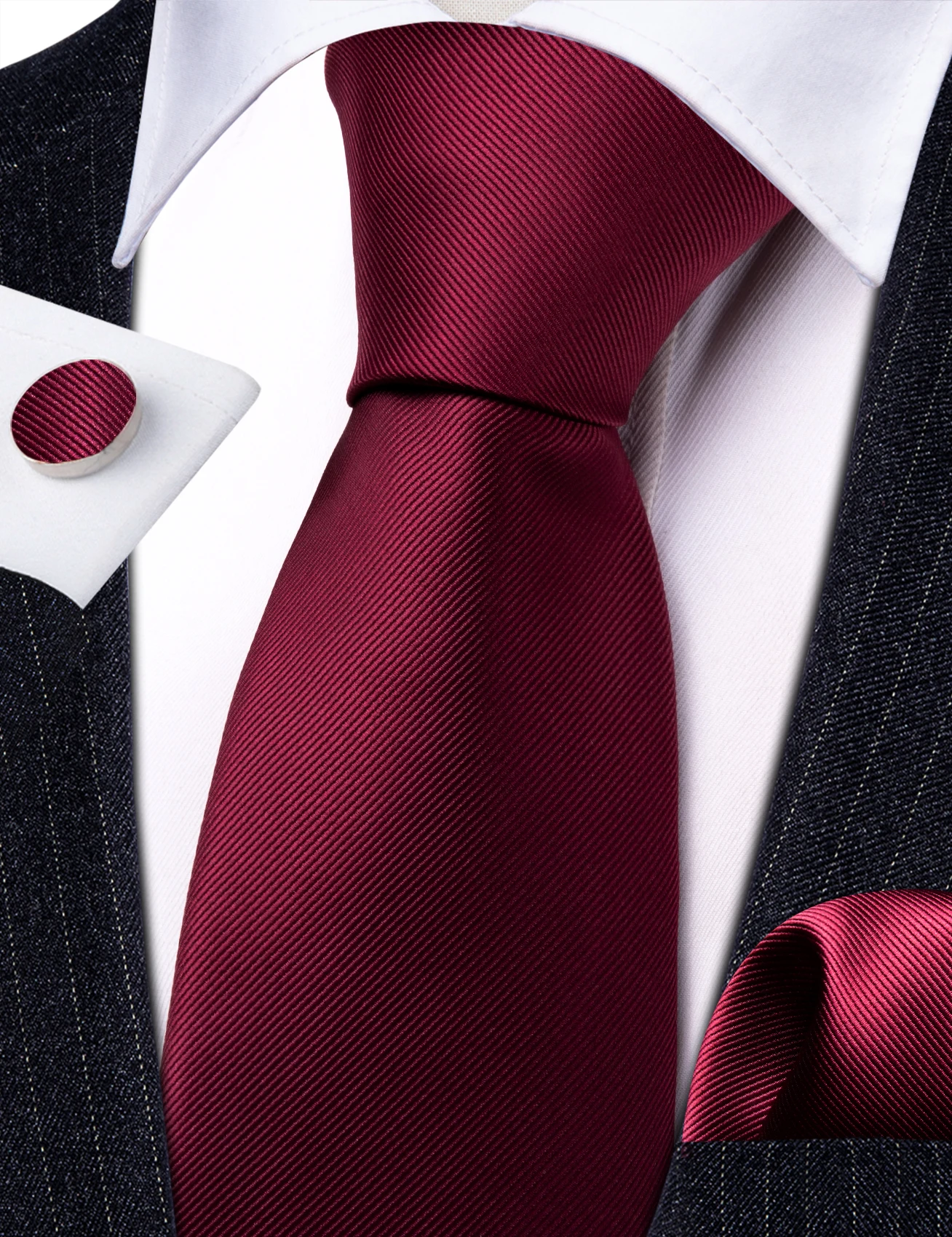 

Burgundy Red Men Silk Necktie High Quality Hand-Made Handkerchief Cufflinks Tie Sets Wedding Business Party Barry.Wang Designer