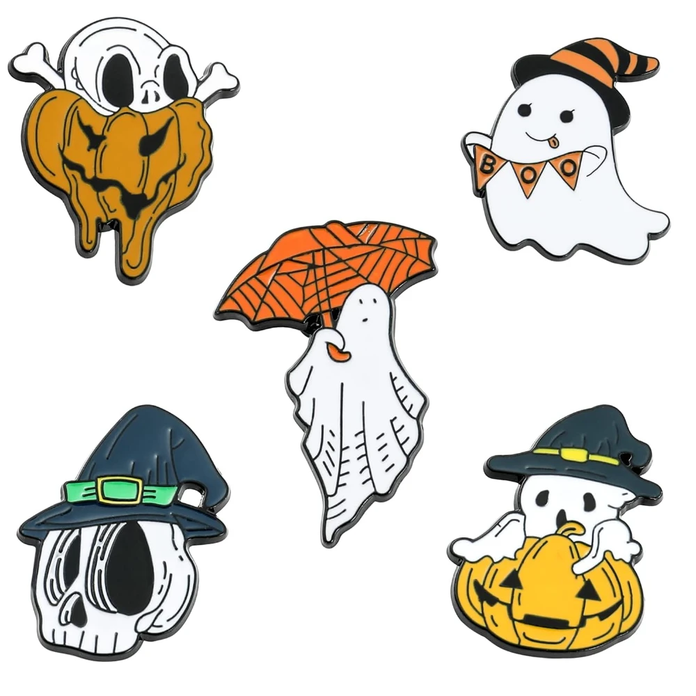 

Halloween Scary Pumpkin Skull Ghost Enamel Pins 5Pcs/Set Gothic Punk Demon Reaper Scythe Ghost Metal Pins Brooches Badges