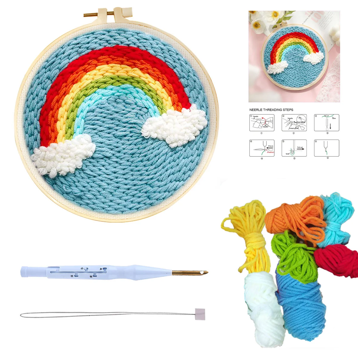 

SDOYUNO Punch Needle Embroidery Starter Kit Rainbow Rug Hooking Beginner Set Adjustable Punch Needle for Kids Adults Craft Gift