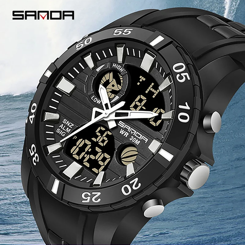 

2023 Sport Watch for Men Double Movement Chronograph Alarm LCD Male Clock 3ATM Water Resistant Black Wristwatches Sanda 791