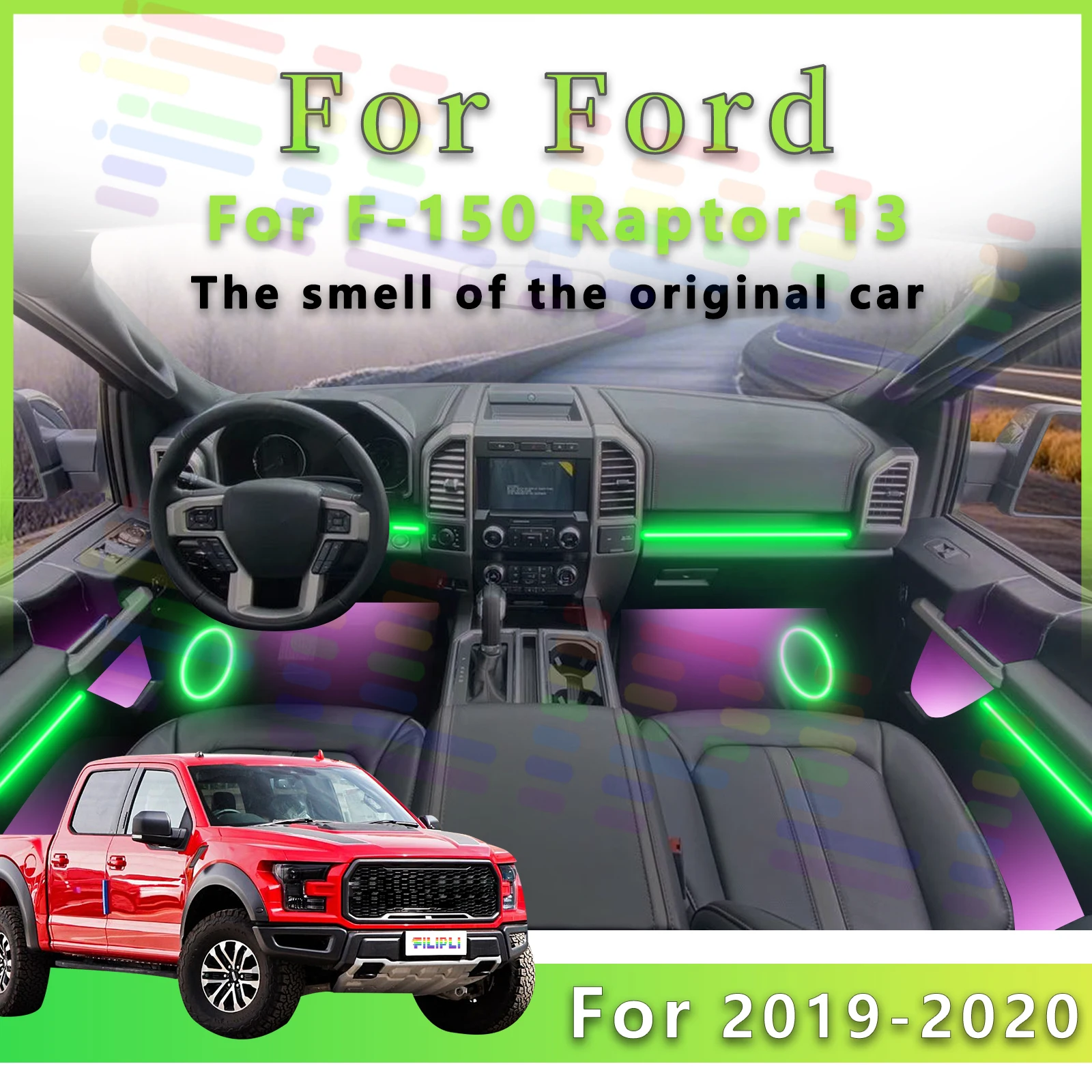 Фото Для Ford F-150 Raptor 13-го поколения, внутренняя светодиодная лента окружающего освещения, 64 цвета, акриловая лампа с приложением, регулируемая вспышка и выцветание режимов №1