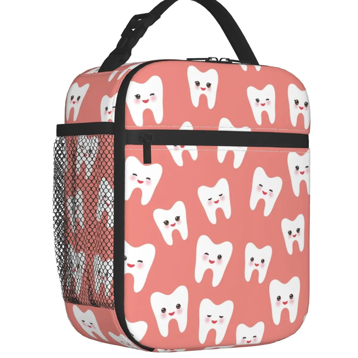 

White Teeth With Funny Faces Insulated Lunch Bag for Women Resuable Dentist Tooth Thermal Cooler Lunch Box Office Work School