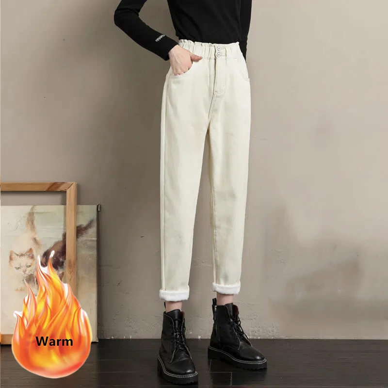 

Повседневные мешковатые джинсы на флисовой подкладке, зимние бархатные плотные джинсовые шаровары с высокой талией для женщин, теплые черные брюки в Корейском стиле