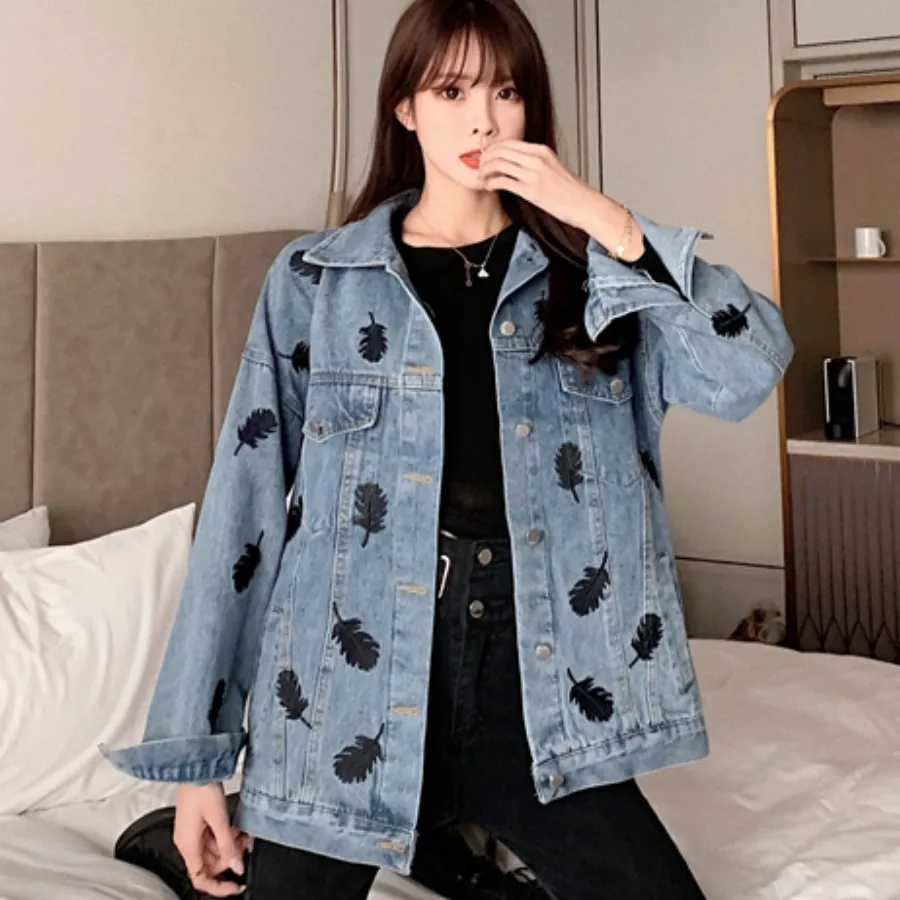 2022 Autumn Women's Denim New Pattern Heavy Industry Embroidered Feather Loose Slim Long Sleeve Jacket Free Shipping