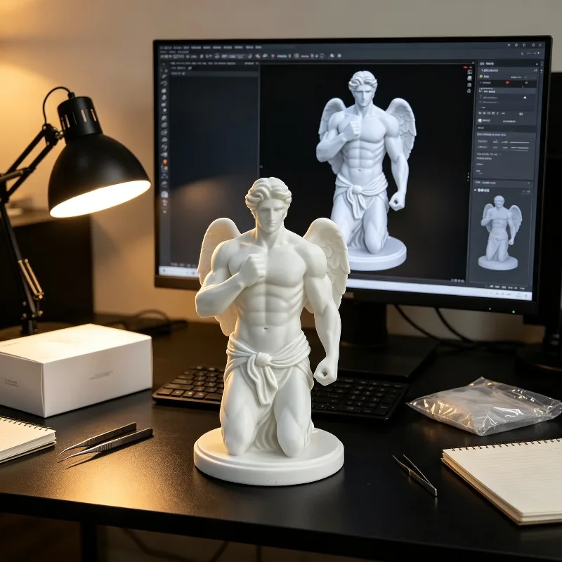Фото Новая 3D-печатная статуя мышечного крылатого ангела в позе на коленях, пластиковая скульптура по мотивам греческой мифологии, можно раскрасить самостоятельно. №2