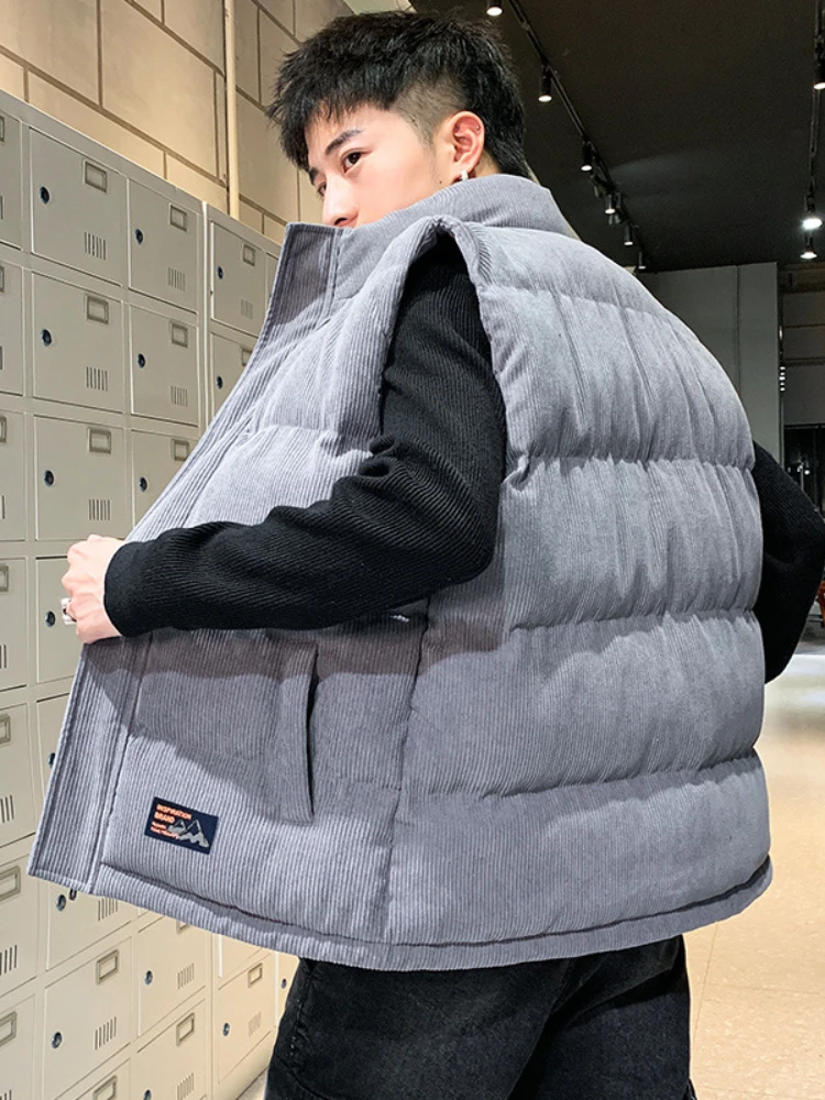 

2021 Winter New Style Men's Cotton Vest Trend Short Sleeveless Warmth Stand-up Collar Lazy Sleeveless Down Cotton Vest Jacket