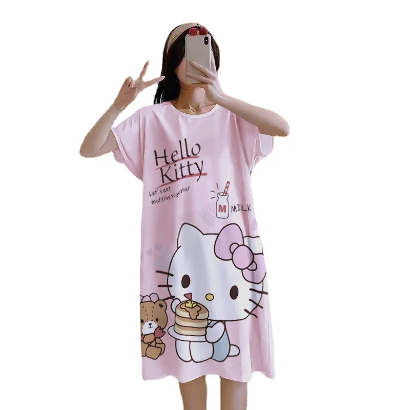 

Kawaii ночная рубашка Hello Kitty Женская с коротким рукавом мультфильм серия Корейская версия большой размер Милая уличная домашняя одежда
