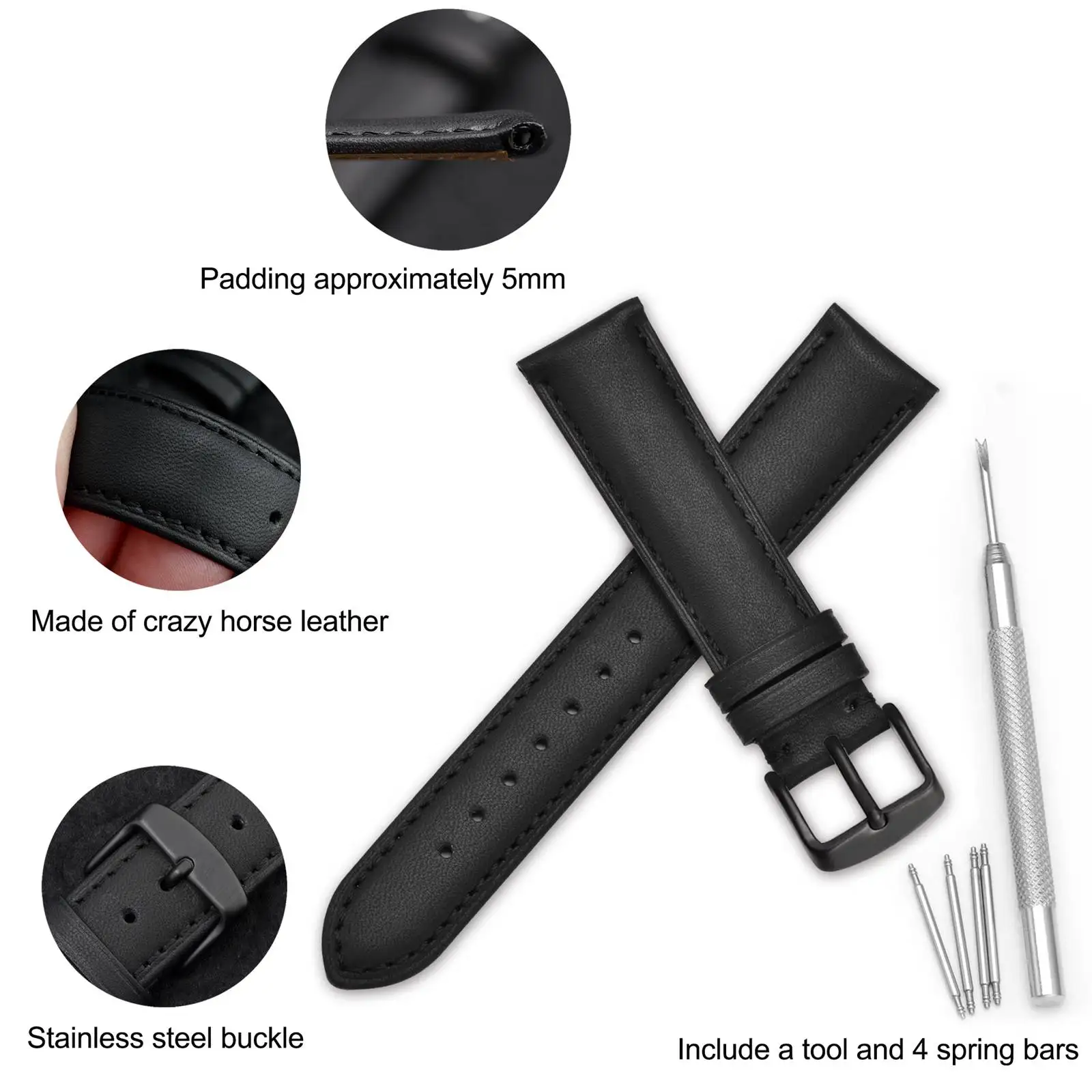 WOCCI Genuine Leather Watch Strap 16mm 18mm 19mm 20mm 21mm 22mm 23mm 24mm Replacement Bracelet Smart Watch Band for Men Women