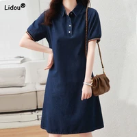 casual turn down collar button short sleeve solid color straight loose patchwork retro pullovers dress womens clothing 2022