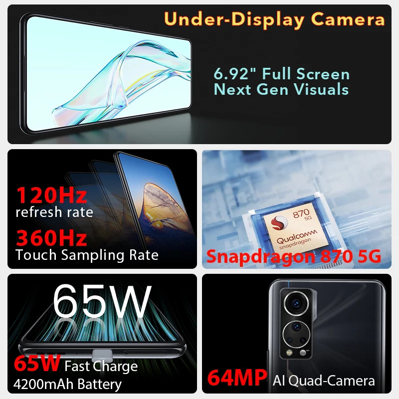 Cena Globalna Wersja ZTE Axon 30 5G Pod Kamerą Ekranową Smartphone 8GB 128GB Snapdragon 870 6.92 ''120Hz Wyświetlacz AMOLED 65W FastCharge