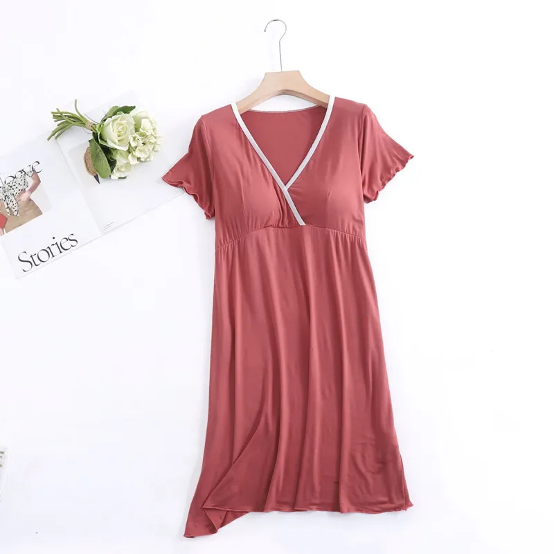Summer Casual Bra Sleepdress For Pregnant Women Elastic Nightdress Women's Modal V-Neck Short Sleeve Nightwear Fashion Home
