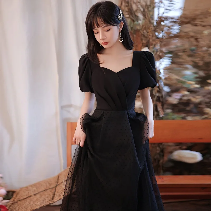 Black Sexy Square Collar Puff Sleeve Back Zipper A-Line Evening Dress Women Formal Gowns Robe De Soiree Cheongsam