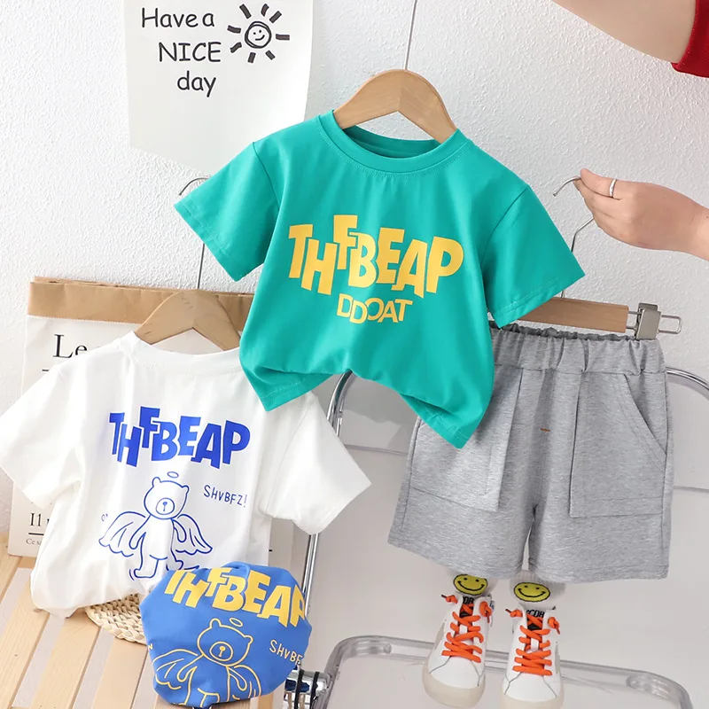 

Новый женский комплект из 2 предметов с коротким рукавом и круглым вырезом, с буквенным принтом медведя, белые Дизайнерские комплекты одежды для мальчиков 12M-5T