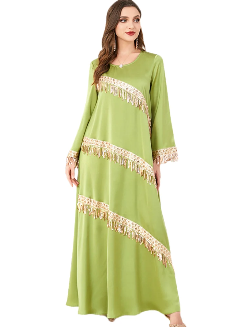 Luxury Elegant Dress Women Evening Party Gown Sequins Tassel Abaya Muslim Moroccan Caftan Jalabiya Islamic Vestidos Holiday Robe