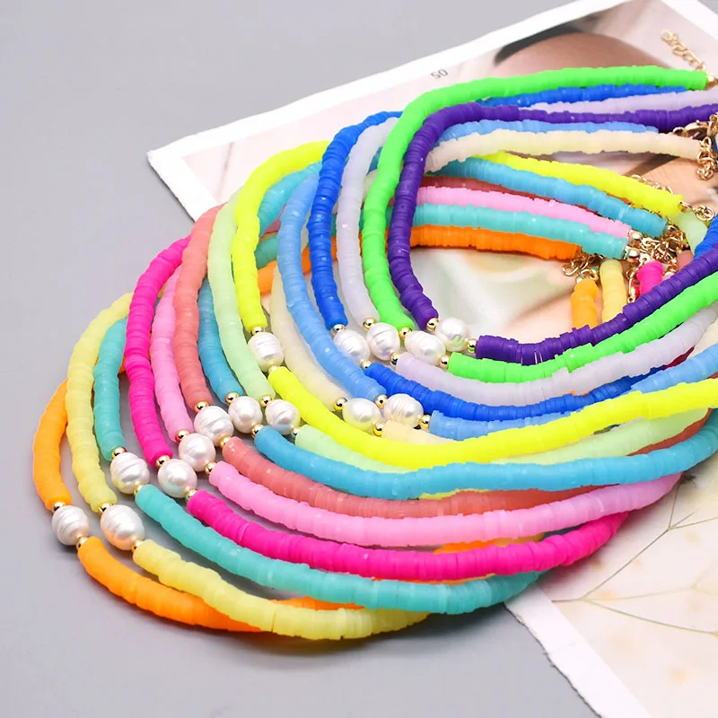 

Boho Natural pearl Necklace Fashion Jelly Color Polymer Clay Beads Colorful Choker Necklace Summer Beach Femme Jewelry Gift