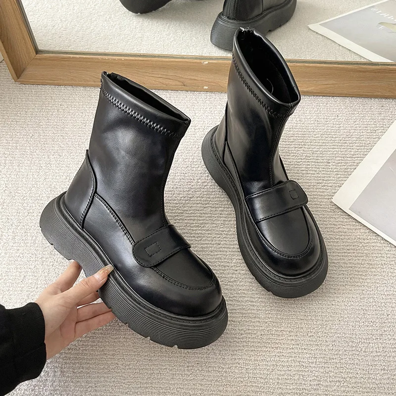 Chelsea Women's Rubber Boots Female Shoes Platform Round Toe Ladies Autumn Ankle Botines De Mujer Square Heel Pu