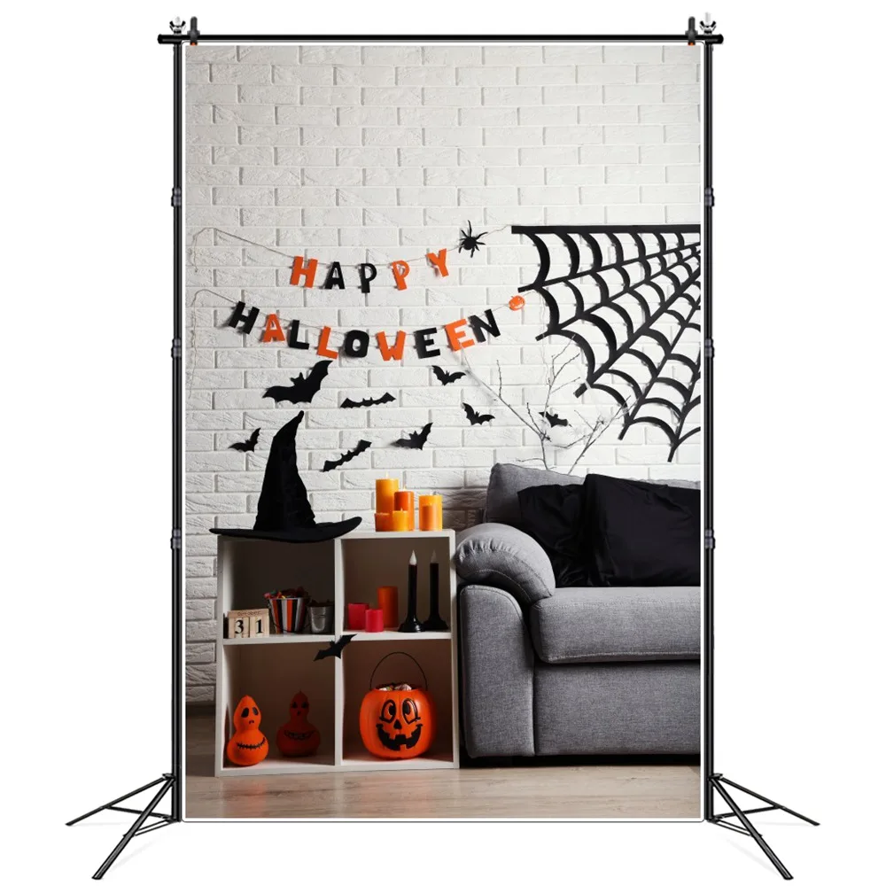 

Bats Spider Net Pumpkin Ghost Cabinet Sofa Halloween Photography Backgrounds Custom Baby Kids Party Decoration Photo Backdrops