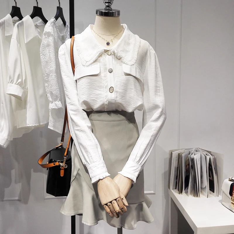 

Fashion Design White Women Shirts Summer New 2022 Button Turn-Down Collar Elegant Pocket Office Lady Outwear Tops