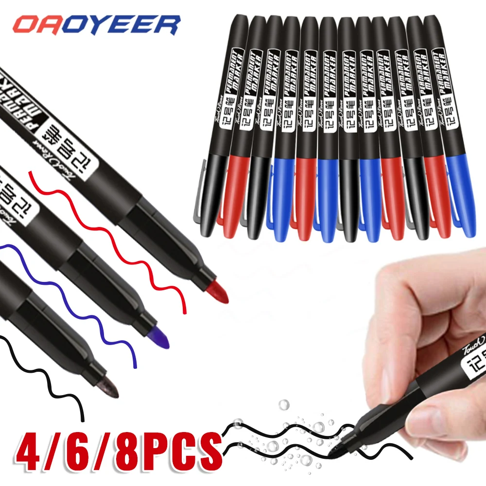 4/6/8Pcs Permanent Marker Pen Fine Point Waterproof Ink Thin Nib Crude Nib Black Blue Red Ink 1.5mm Fine Color Art Marker Pens
