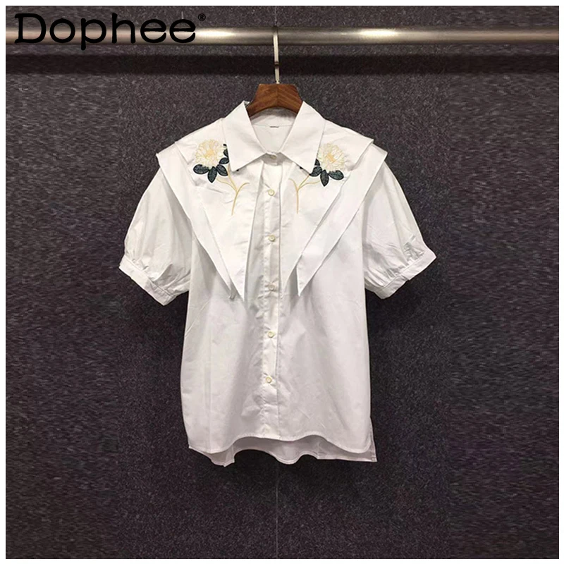 

Double Doll Collar Embroidered Flower Puff Short Sleeve Shirt Women's 2022 New Summer Blusas French Chic White Button Blouse Top
