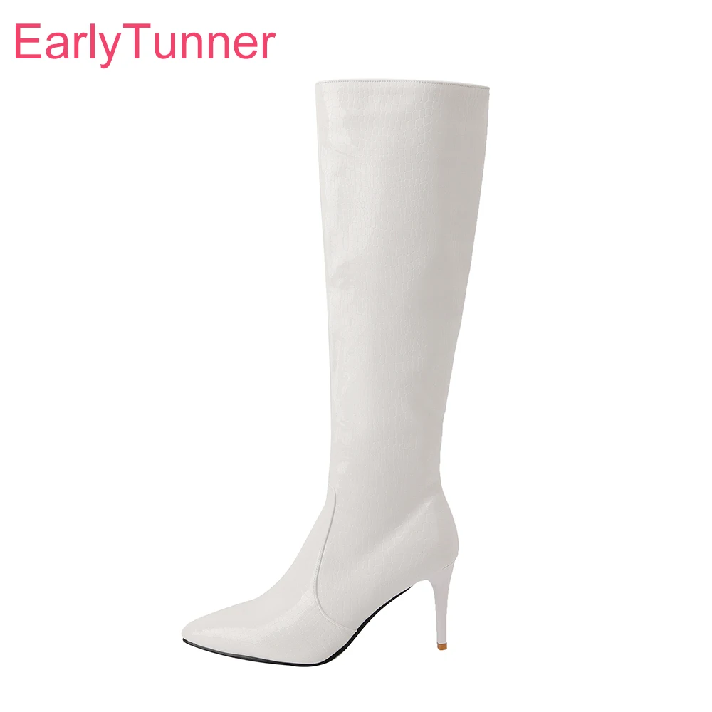 

2022 Winter Glossy White Black Women Knee High Boots Pointed Toe 3 inch High Heel Lady Formal Shoes Plus Big Size 12 43 45 48