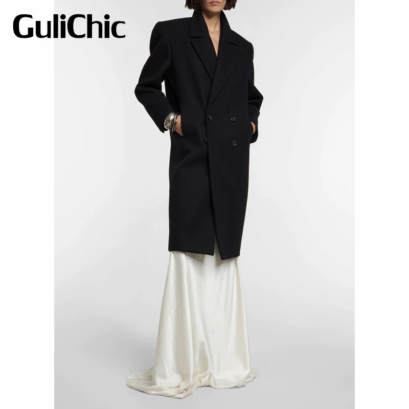 

Женское двубортное кашемировое пальто GuliChic, элегантное приталенное кашемировое пальто средней длины с отложным воротником без цветов, 12,17