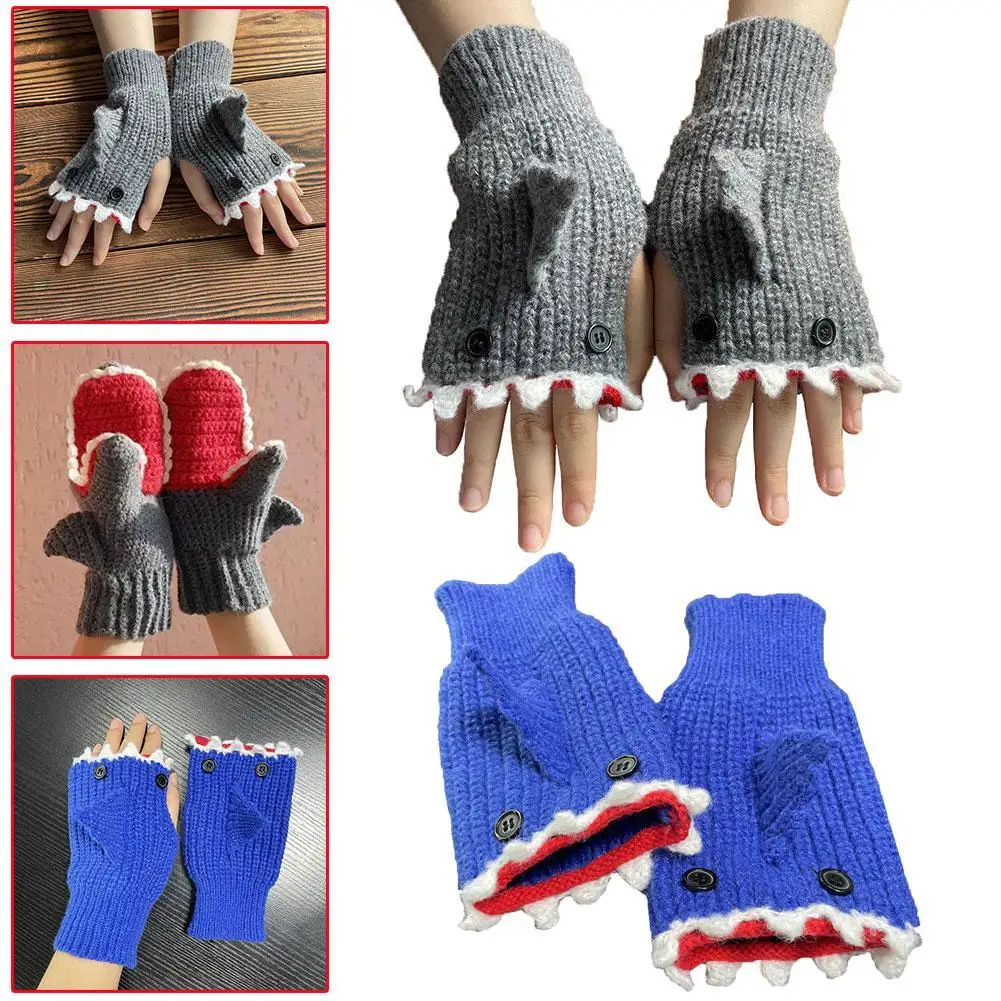 

Осень/Зима 2022 Новинка Мультяшные Синие Серые перчатки с укусом акулы теплые вязаные перчатки с открытыми пальцами
