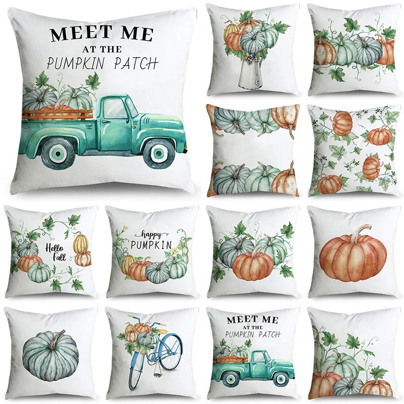 

Fashion Fresh Blue-Green Orange Pumpkin Bike White Throw Pillowcase Cushion Covers For Sofa Office Bedroom Decor Multiple Size