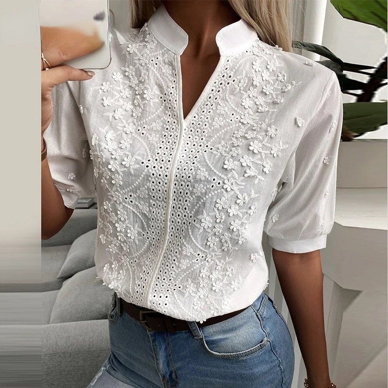 Enlarge Summer Floral Embroidery Chic Hollow-out Blouse Ladie Solid V-Neck Lace Fashion Elegant Shirt Women Sweet Puff Sleeve Top Female