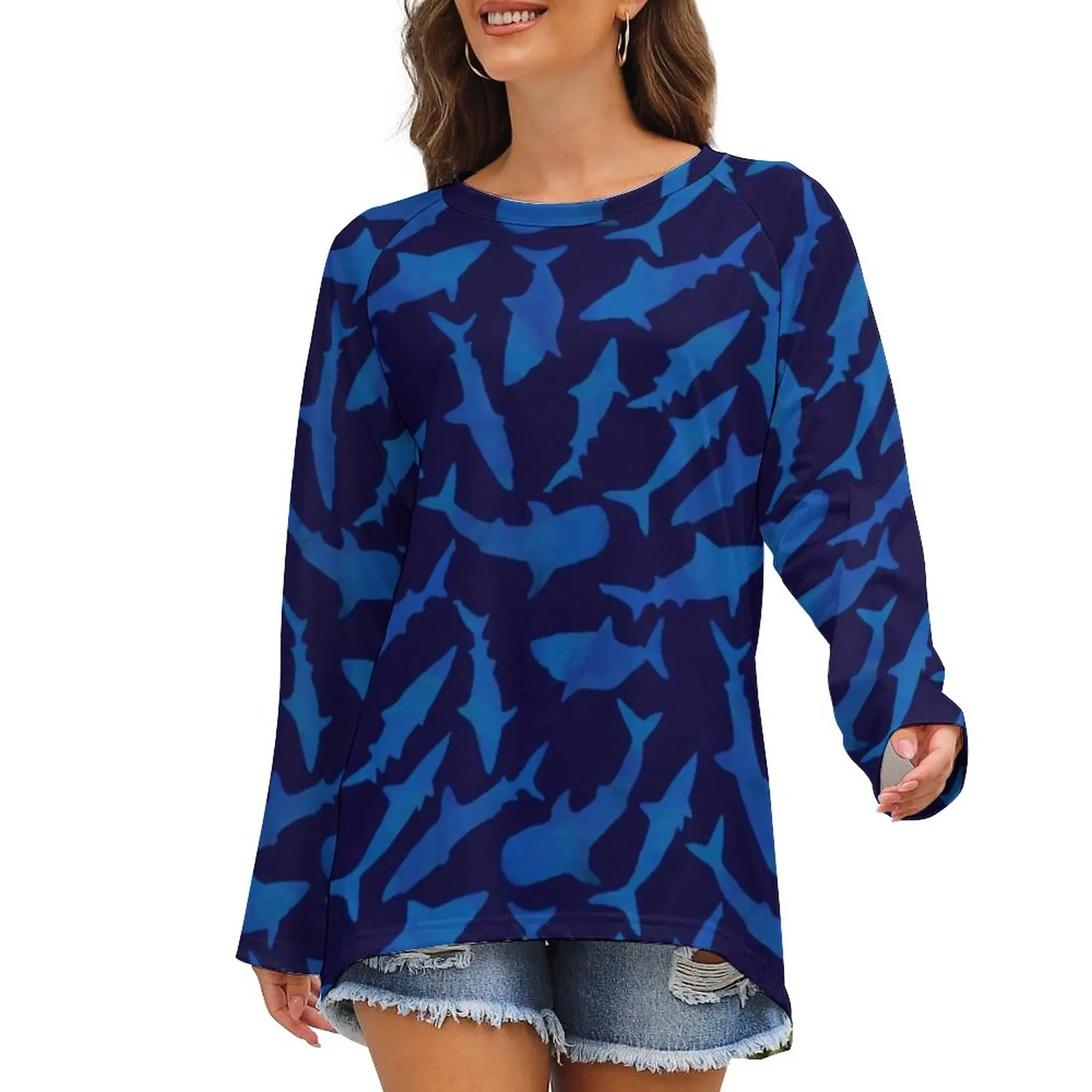 

Blue Shark Art Print T Shirts Seamless Sharks Kawaii T-Shirt Lady Long Sleeve Street Style Tops Hot Oversized Print Top Tees