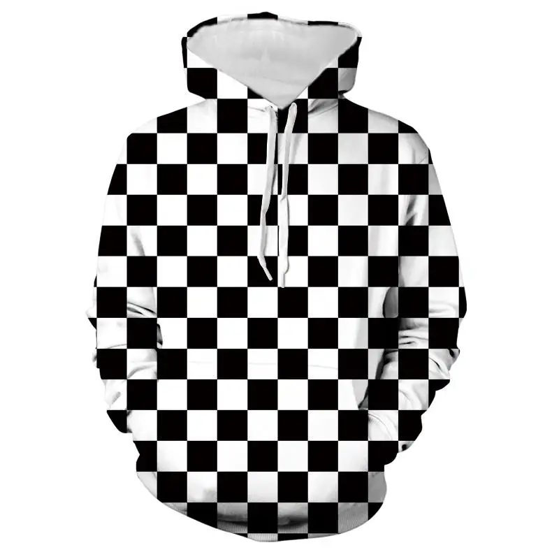 

2021 Men's Hoodie Sweatshirt Harajuku Men And Women 3D Square Black And White Check Pattern Design Vertigo Printed Hoodies Tops