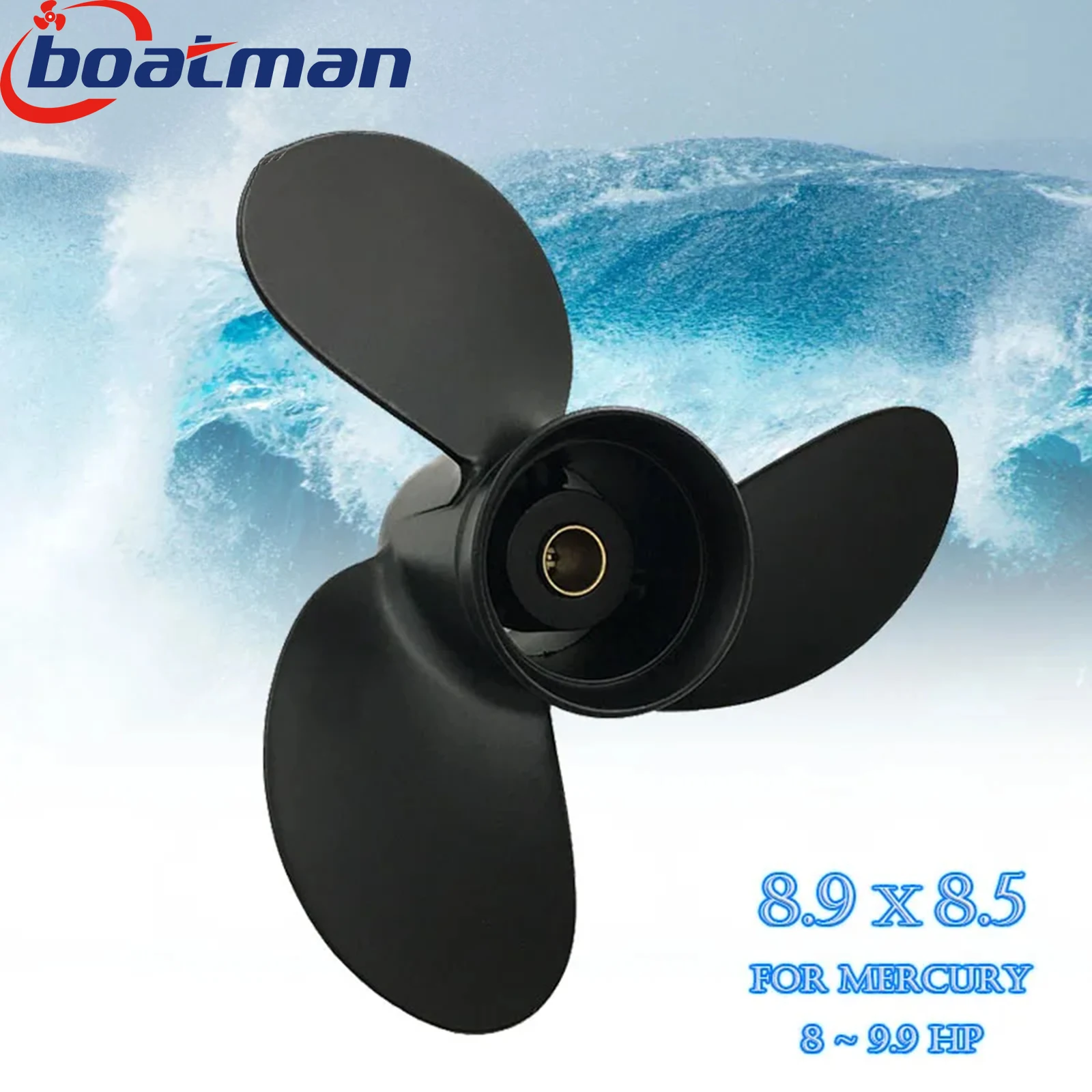 Фото BoatMan ®   Алюминиевый пропеллер 8,9x8,5 для подвесного мотора Mercury, 8 л.с., 9,9 л.с., 12 зубьев, 48- 897618 Запчасти и аксессуары для лодок A10 №1