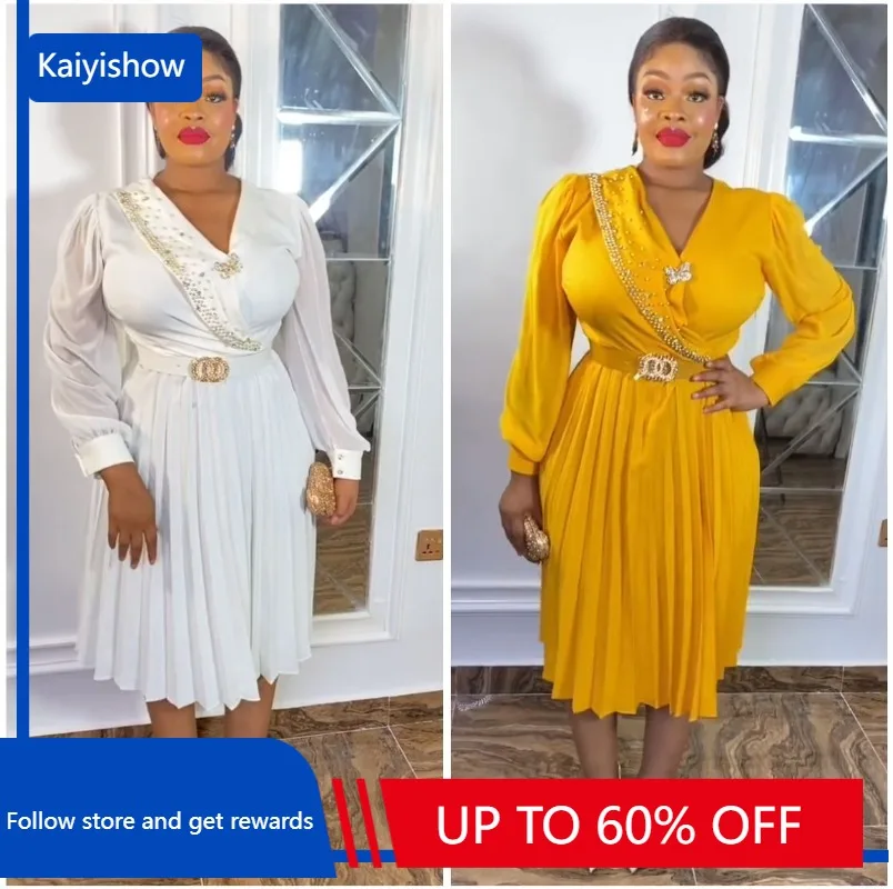 

African Pleated Dresses for Women Summer African V-neck Long Sleeve Polyester White Green Black Dress African Clothes L-3XL