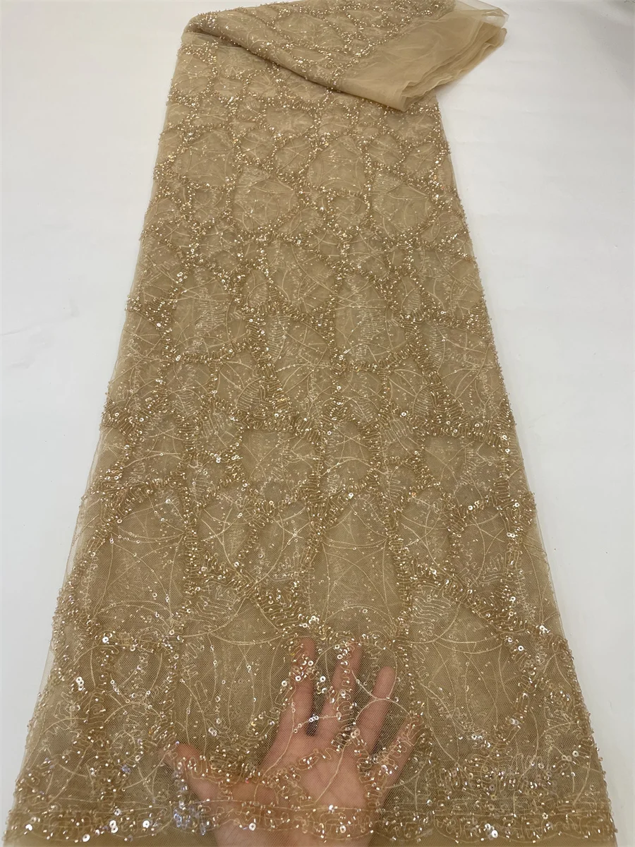 

Gold African Handmade Sequins Lace Fabric French Luxury Beaded And Pearl Tulle Fabric For Bride Formal Wear Clothes Dresses