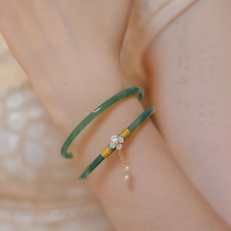 Vintage Fashion Natural Jade Flower Girls Bangles for Women Chinese Antique Bracelet Glas Bracelet Wedding Jewelry Pulsera Mujer
