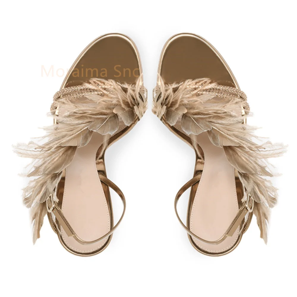 Summer Women Sandals Thin High Heel Comfortable Sexy Sweet Solid Feather Open Toe Dance Party Shoes Ladies